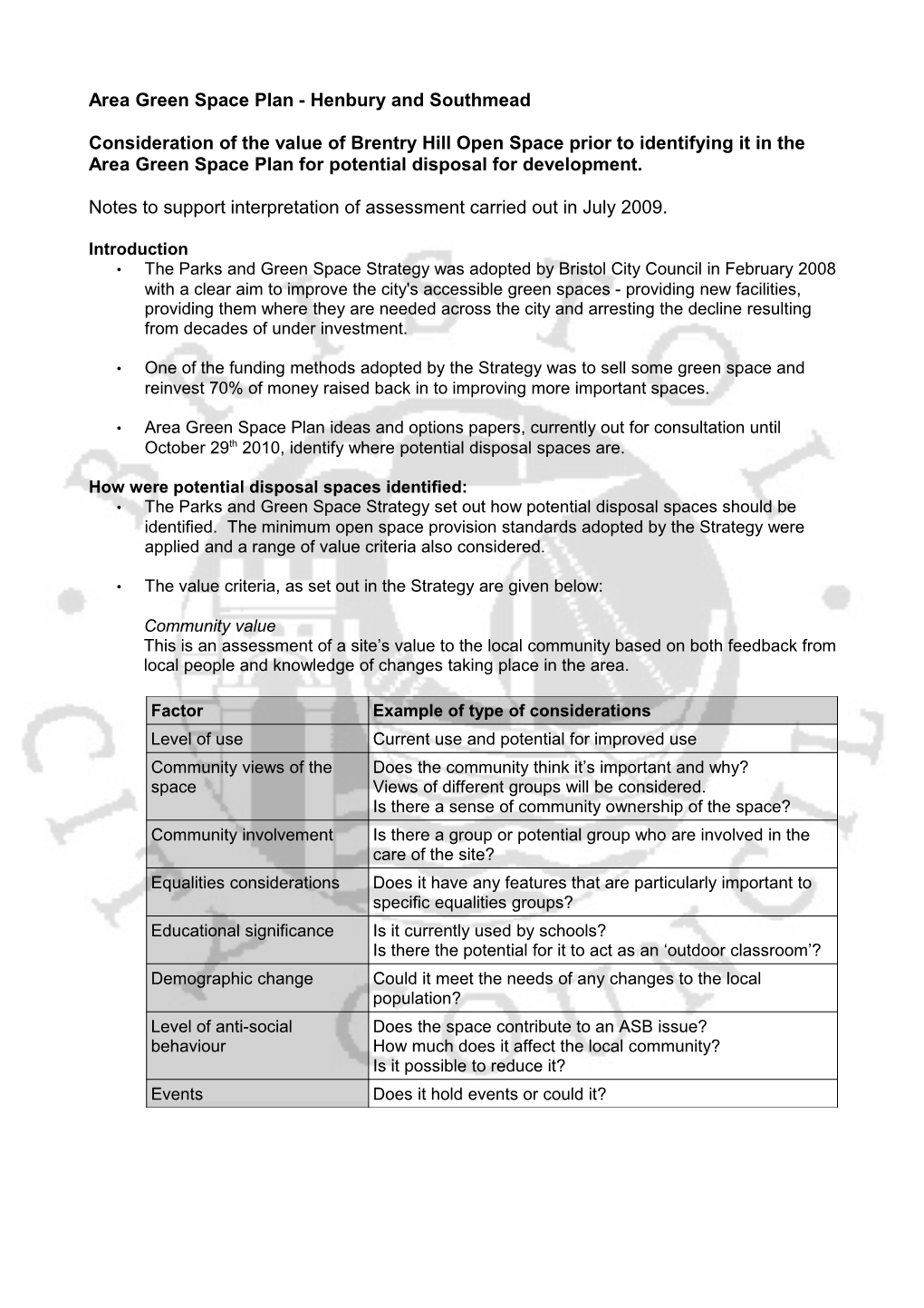 Area Green Space Plan - Henbury and Southmead