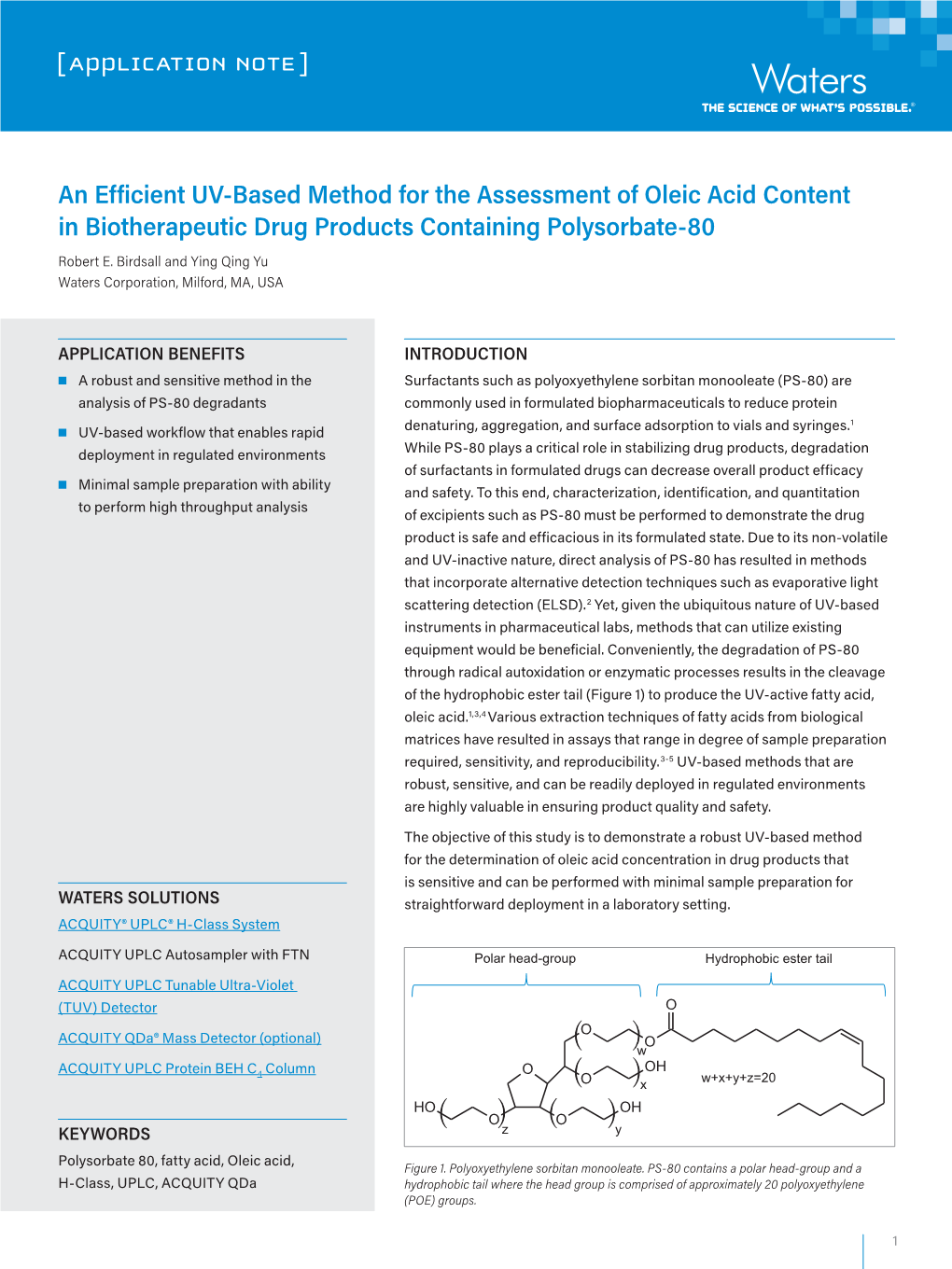 An Efficient UV-Based Method for the Assessment of Oleic Acid Content in Biotherapeutic Drug Products Containing Polysorbate-80 Robert E