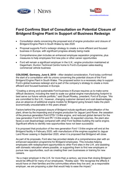 Ford Confirms Start of Consultation on Potential Closure of Bridgend Engine Plant in Support of Business Redesign