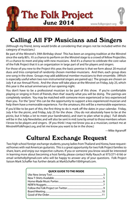 June 2014 Calling All FP Musicians and Singers Cultural Exchange Request