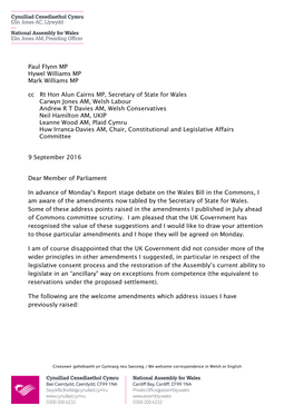 Letter from Llywydd to Welsh Mps: Amendments