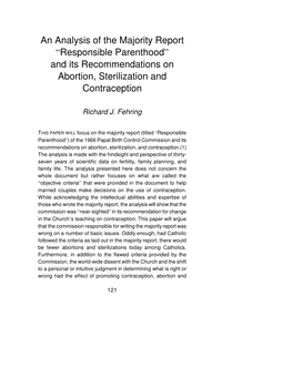 An Analysis of the Majority Report “Responsible Parenthood” and Its Recommendations on Abortion, Sterilization and Contraception