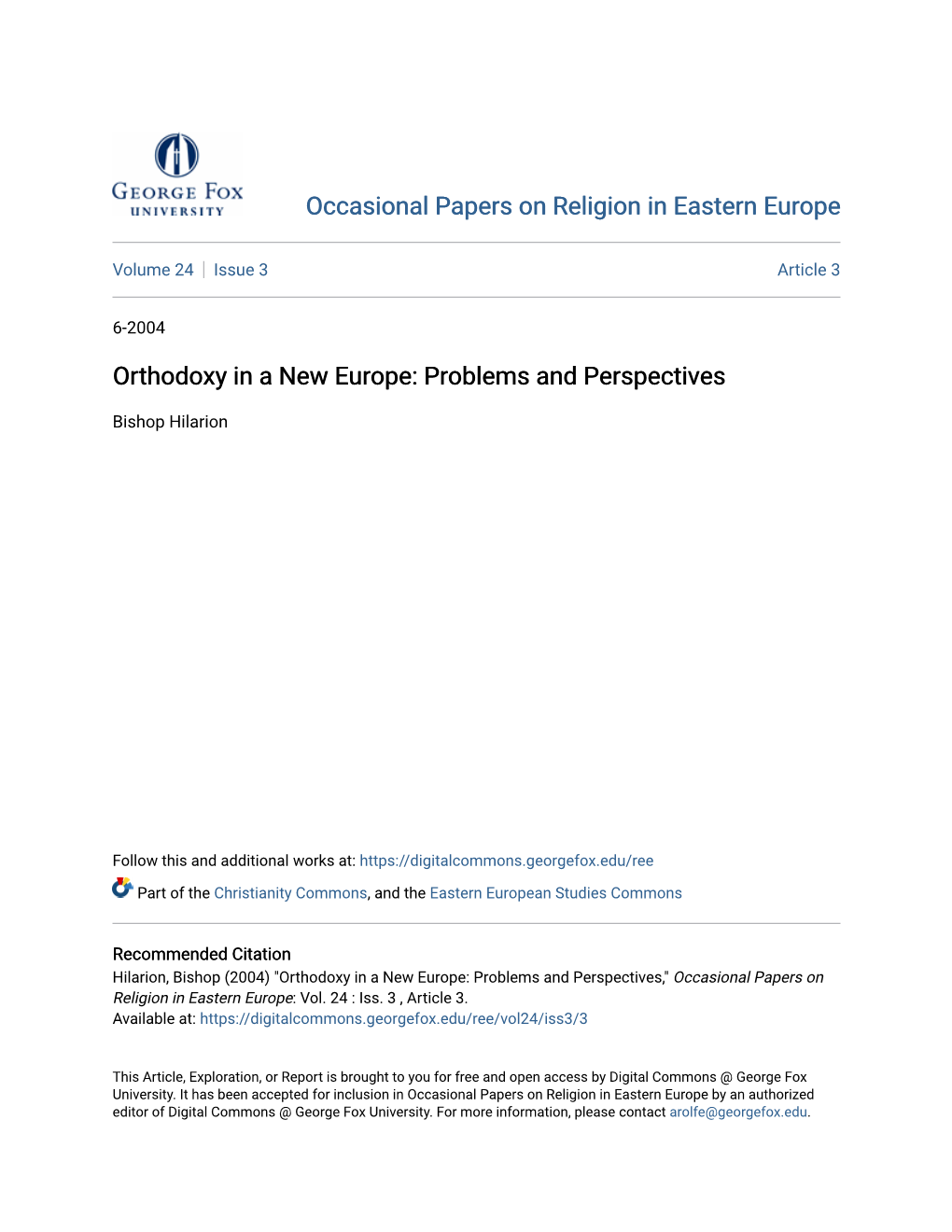 Orthodoxy in a New Europe: Problems and Perspectives