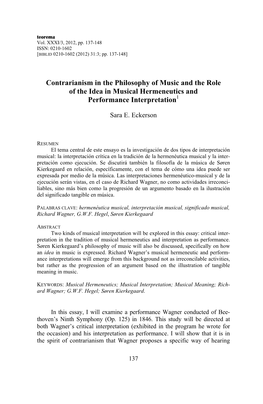 Contrarianism in the Philosophy of Music and the Role of the Idea in Musical Hermeneutics and Performance Interpretation1