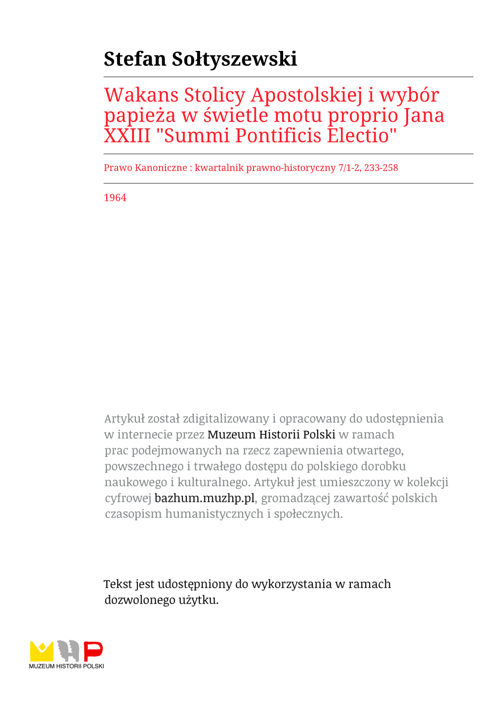 Wakans Stolicy Apostolskiej I Wybór Papieża W Świetle Motu Proprio Jana XXIII "Summi Pontificis Electio"