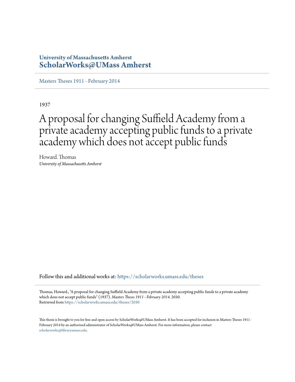 A Proposal for Changing Suffield Academy from a Private Academy Accepting Public Funds to a Private Academy Which Does Not Accept Public Funds