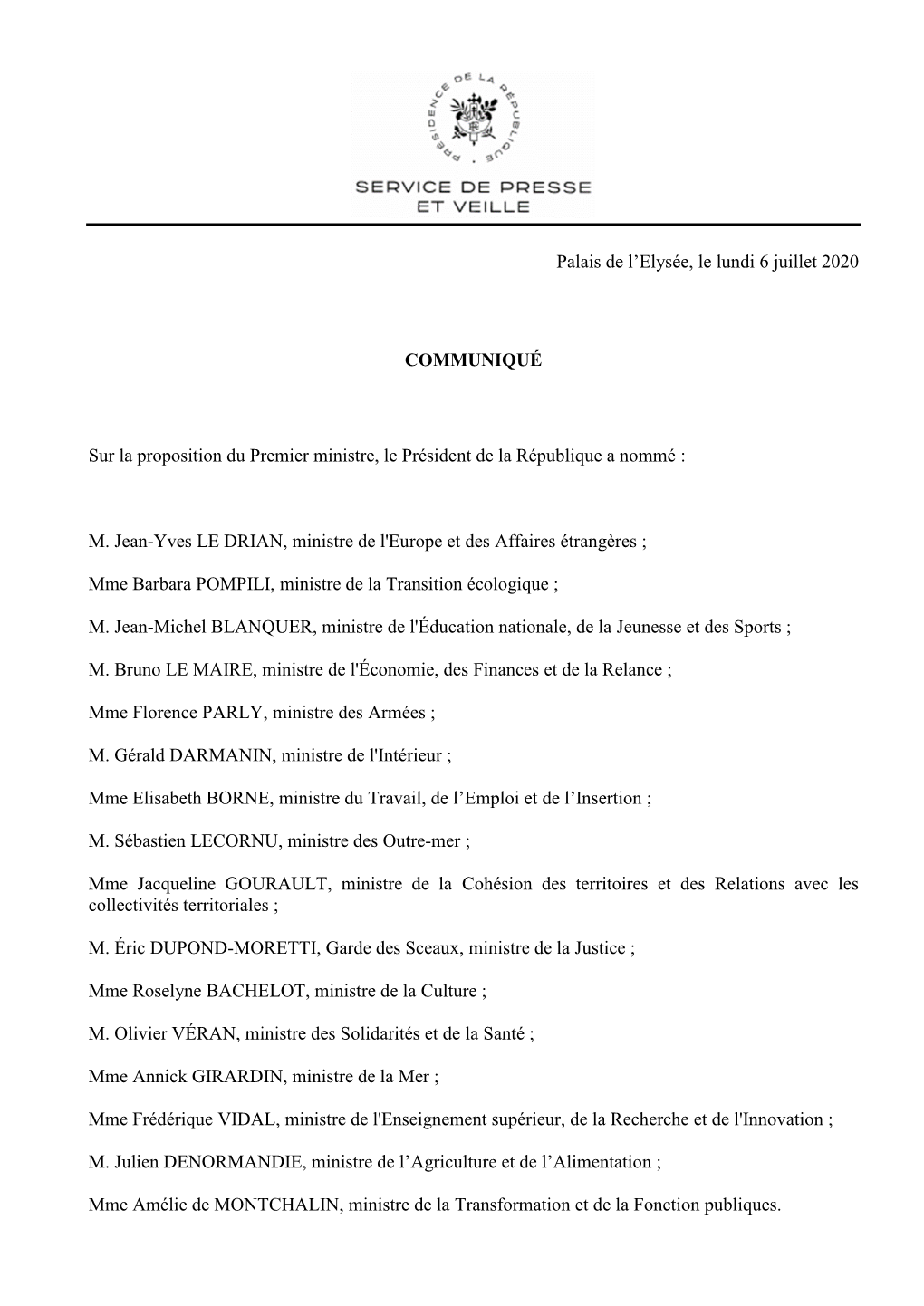 Palais De L'elysée, Le Lundi 6 Juillet 2020 COMMUNIQUÉ Sur La