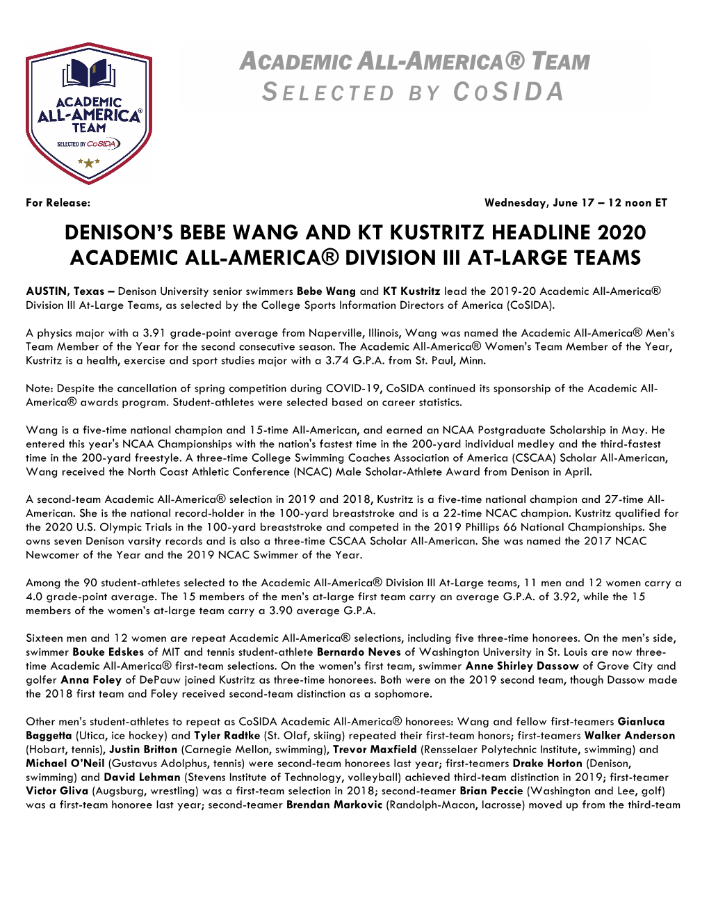 Denison's Bebe Wang and Kt Kustritz Headline 2020