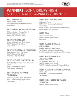 2018-2019 John Drury High School Radio Awards Winners