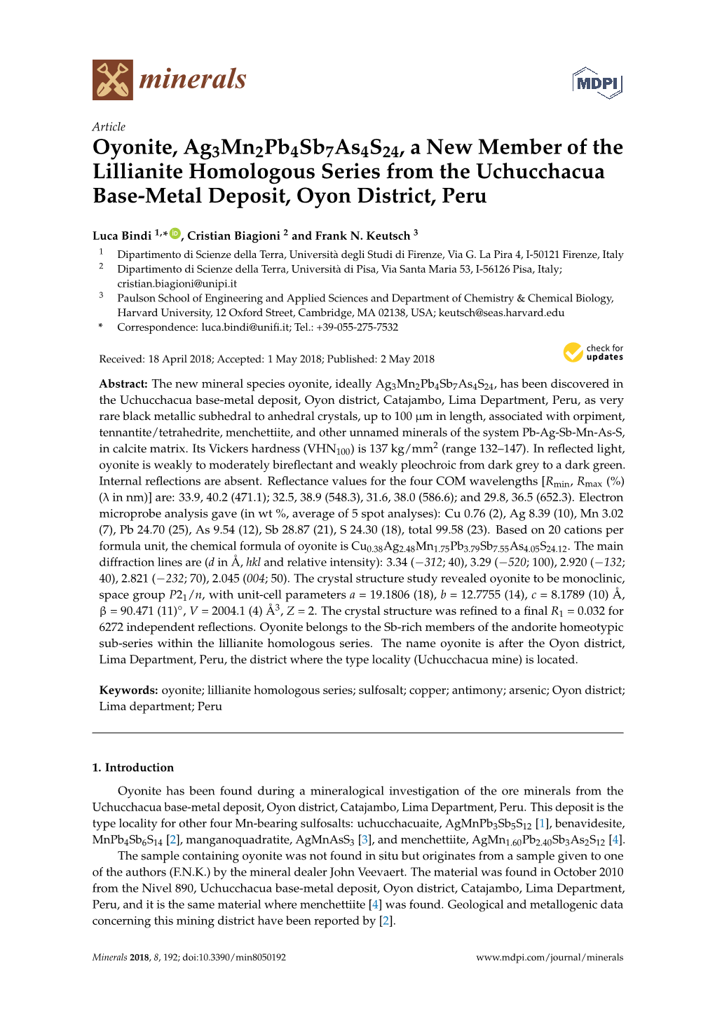 Oyonite, Ag3mn2pb4sb7as4s24, a New Member of the Lillianite Homologous Series from the Uchucchacua Base-Metal Deposit, Oyon District, Peru