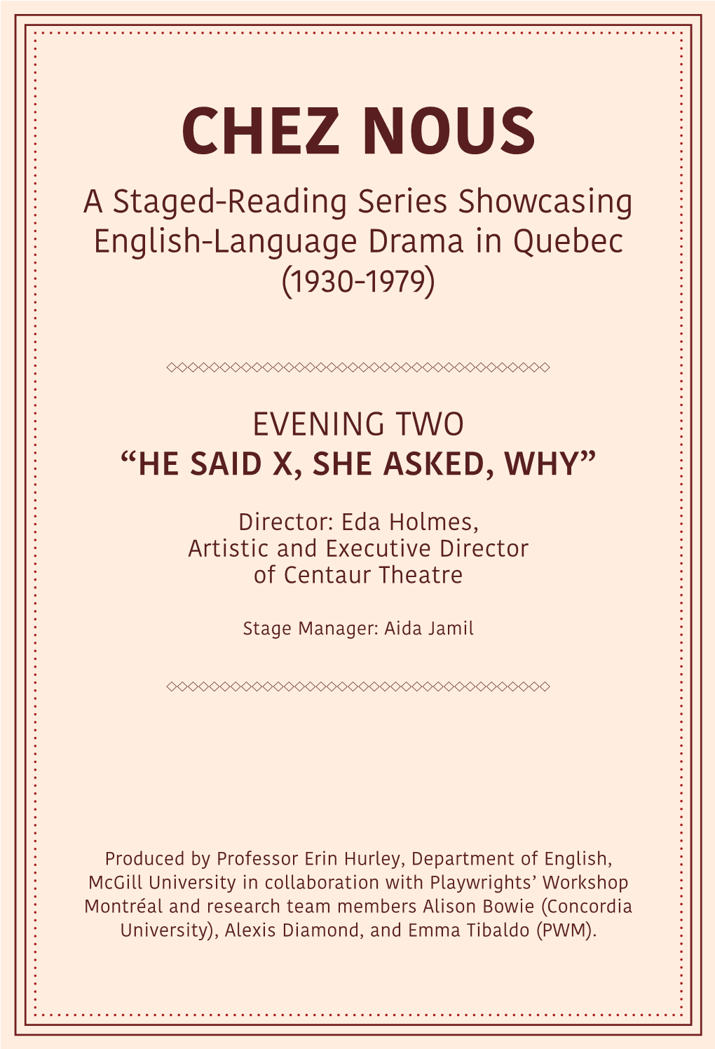 CHEZ NOUS a Staged-Reading Series Showcasing English-Language Drama in Quebec (1930-1979)