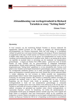 Afstanddoening Van Werksgetrouheid in Richard Taruskin Se Essay “Setting Limits”