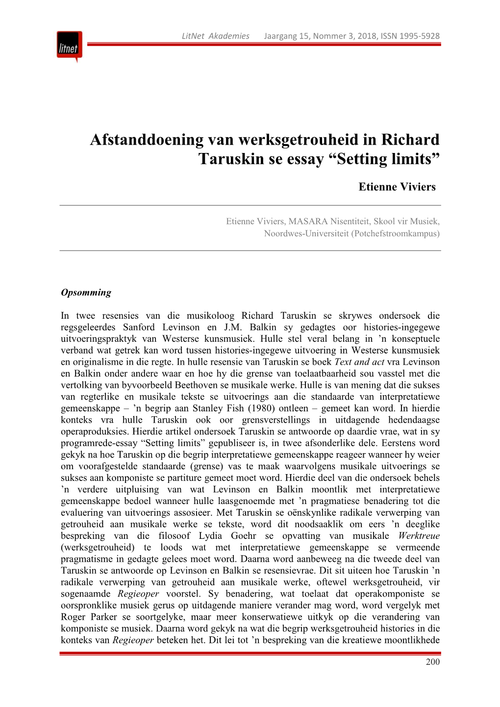 Afstanddoening Van Werksgetrouheid in Richard Taruskin Se Essay “Setting Limits”