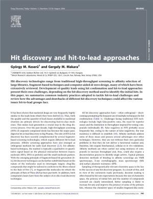 Hit Discovery and Hit-To-Lead Approaches Reviews