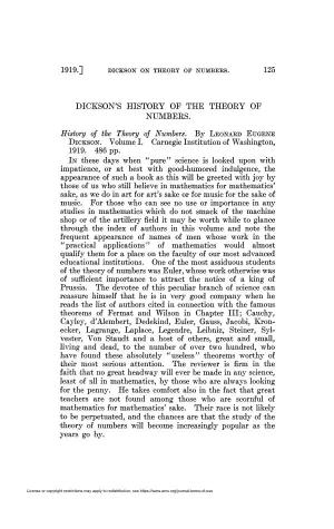 DICKSON's HISTORY OP the THEORY of NUMBERS. History Of