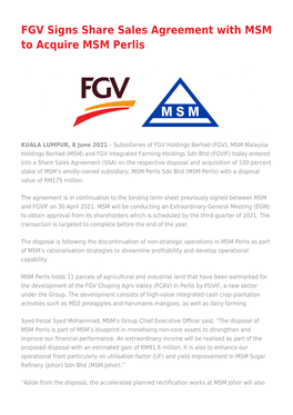 FGV Signs Share Sales Agreement with MSM to Acquire MSM Perlis