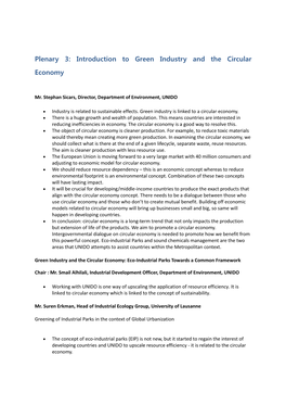 Plenary 3: Introduction to Green Industry and the Circular Economy