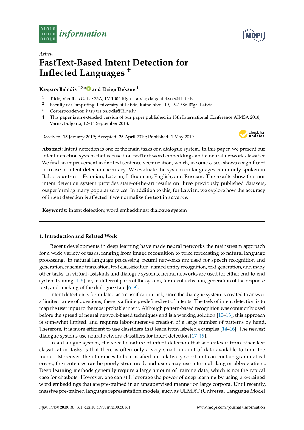 Fasttext-Based Intent Detection for Inflected Languages †