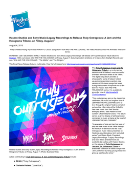Hasbro Studios and Sony Music/Legacy Recordings to Release Truly Outrageous: a Jem and the Holograms Tribute, on Friday, August 7
