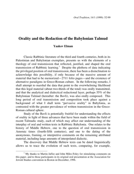 Orality and the Redaction of the Babylonian Talmud