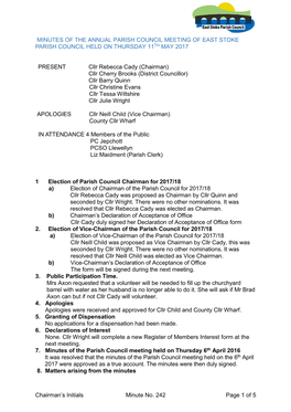 Chairman's Initials Minute No. 242 Page 1 of 5 MINUTES of the ANNUAL PARISH COUNCIL MEETING of EAST STOKE PARISH COUNCIL HELD