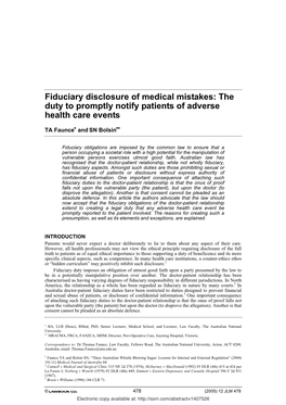 Fiduciary Disclosure of Medical Mistakes: the Duty to Promptly Notify Patients of Adverse Health Care Events