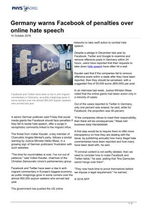 Germany Warns Facebook of Penalties Over Online Hate Speech 14 October 2016