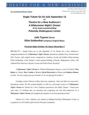 Single Tickets Go on Sale September 13 Theatre for a New Audience's a Midsummer Night's Dream Polonsky Shakespeare Center Julie