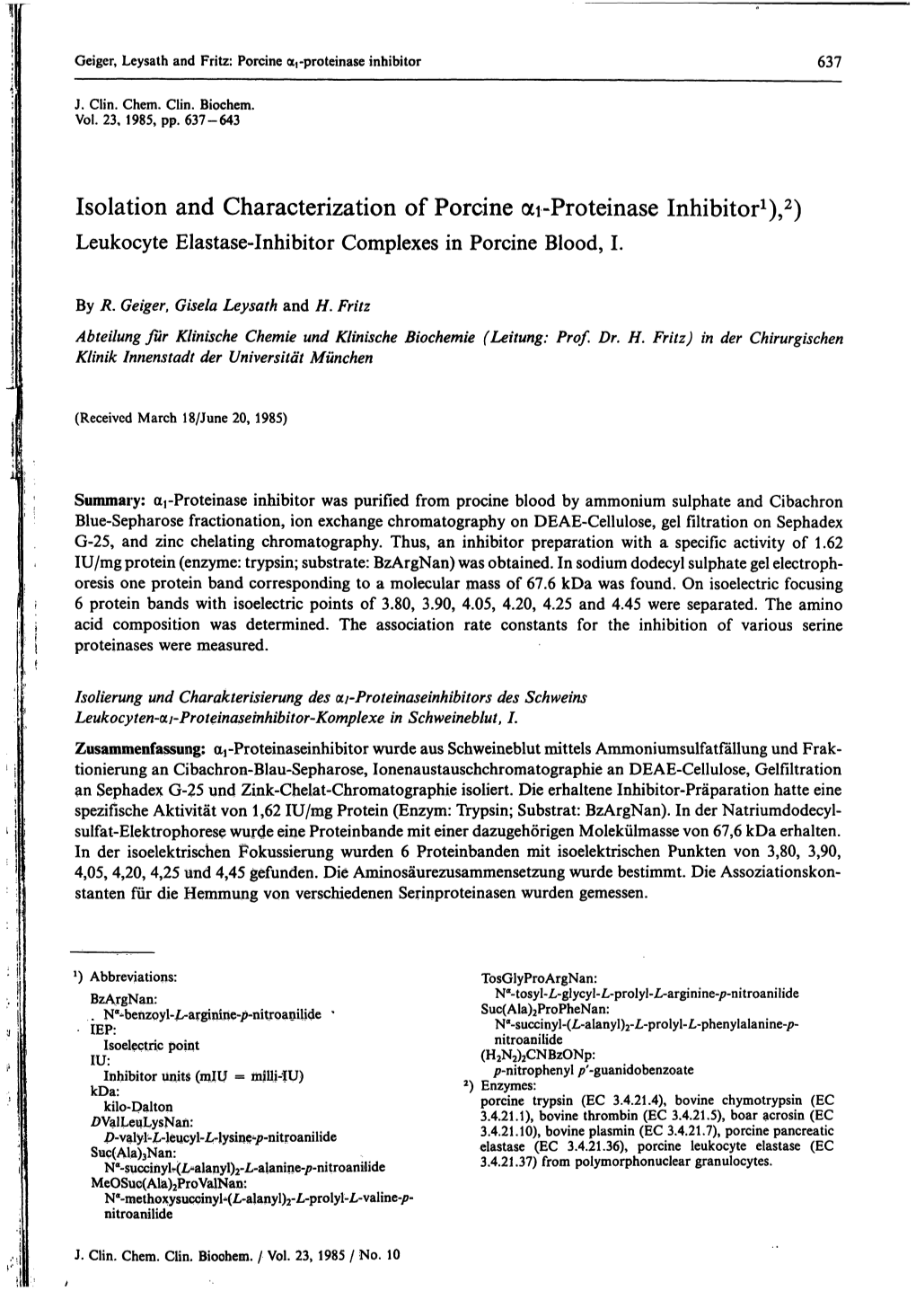 Isolation and Characterization of Porcine Ott-Proteinase Inhibitor1),2) Leukocyte Elastase-Inhibitor Complexes in Porcine Blood, I