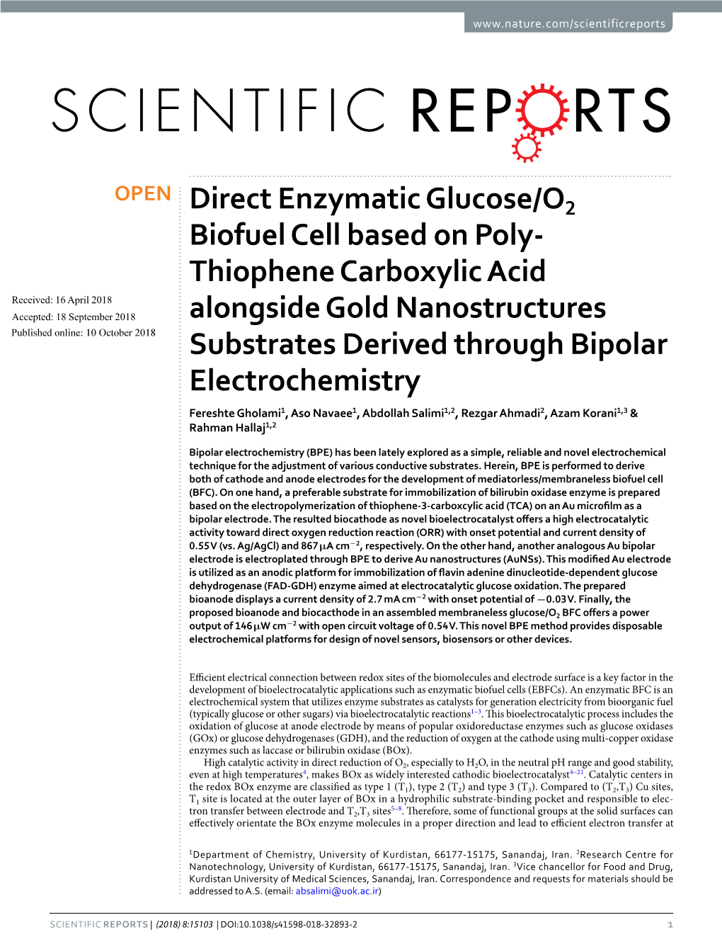 Direct Enzymatic Glucose/O2 Biofuel Cell Based on Poly-Thiophene Carboxylic Acid Alongside Gold Nanostructures Substrates Derive