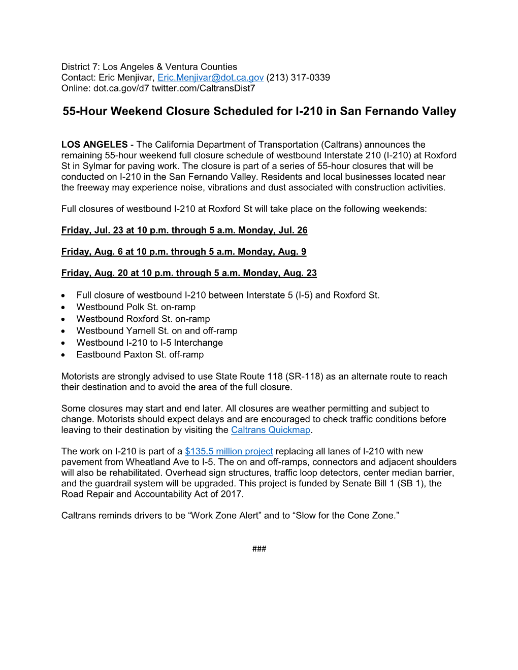 55-Hour Weekend Closure Scheduled for I-210 in San Fernando Valley