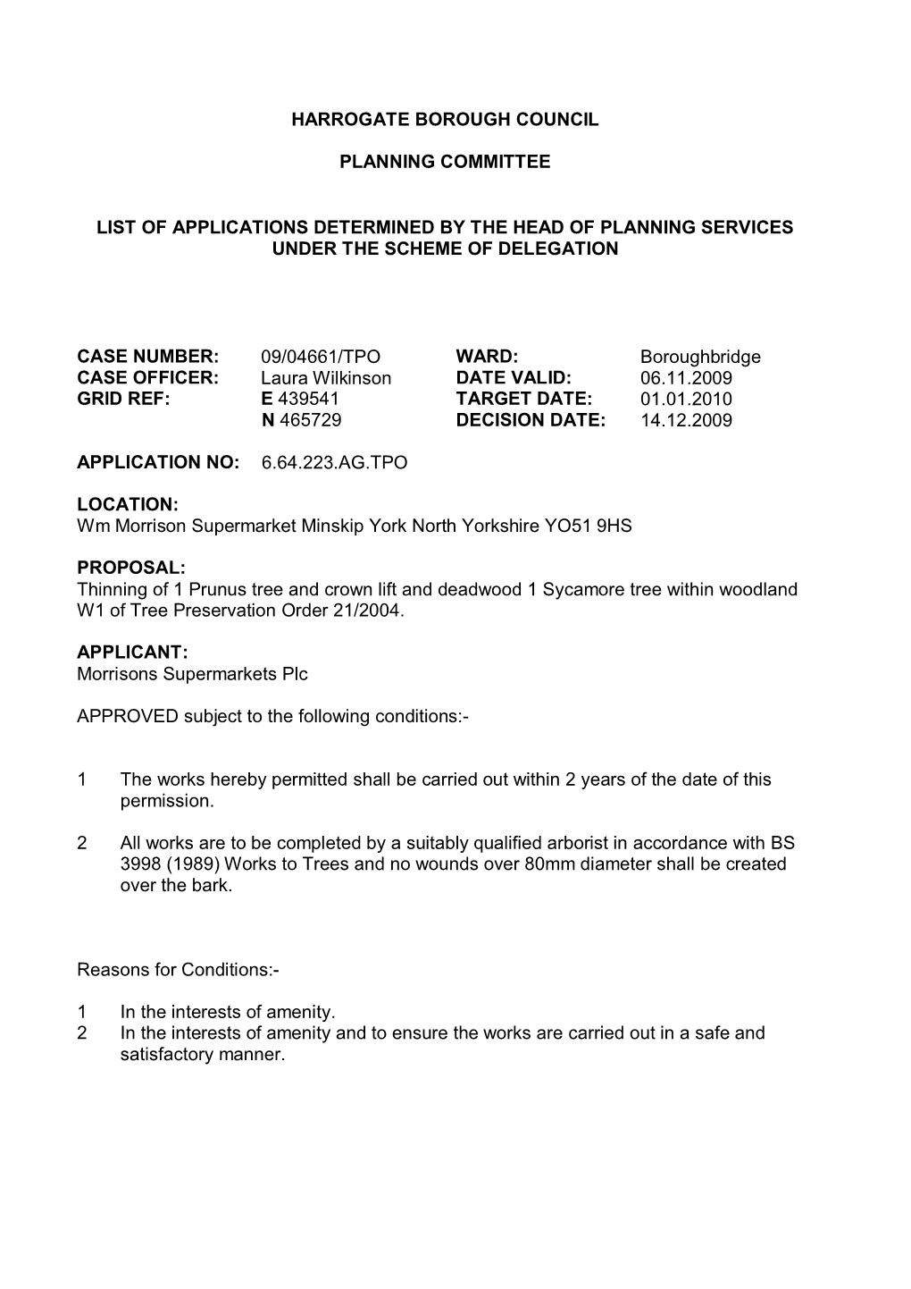 Harrogate Borough Council Planning Committee List of Applications Determined by the Head of Planning Services Under the Scheme O