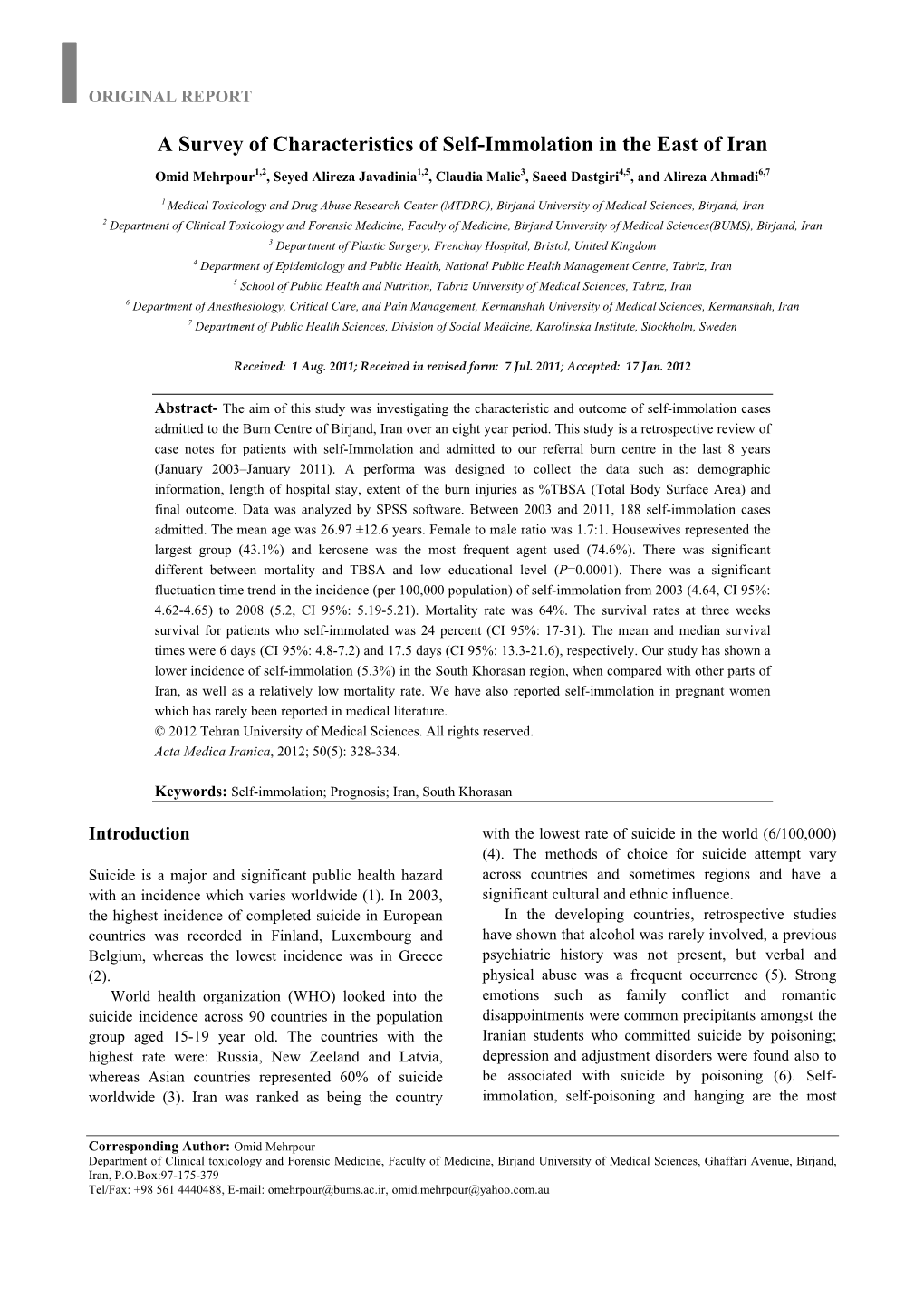 A Survey of Characteristics of Self-Immolation in the East of Iran