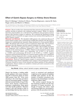Effect of Gastric Bypass Surgery on Kidney Stone Disease