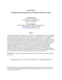 Crowd Science: the Organization of Scientific Research in Open Collaborative Projects