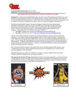 Ibl Professional Basketball to Visit Olympia June 24Th
