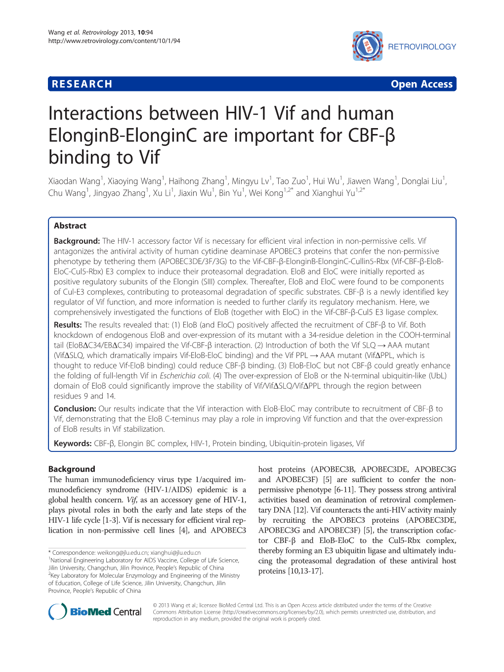 Interactions Between HIV-1 Vif and Human Elonginb-Elonginc Are Important for CBF-Β Binding To