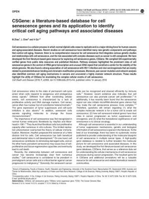 A Literature-Based Database for Cell Senescence Genes and Its Application to Identify Critical Cell Aging Pathways and Associated Diseases