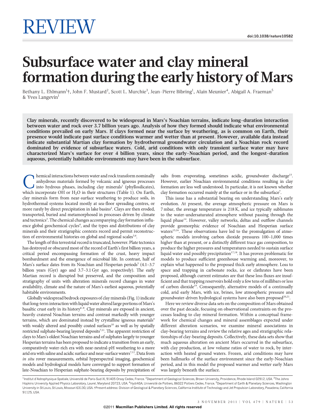 Subsurface Water and Clay Mineral Formation During the Early History of Mars Bethany L