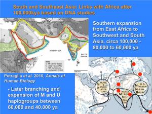South and Southeast Asia: Links with Africa After 100,000Kya Based on DNA Studies