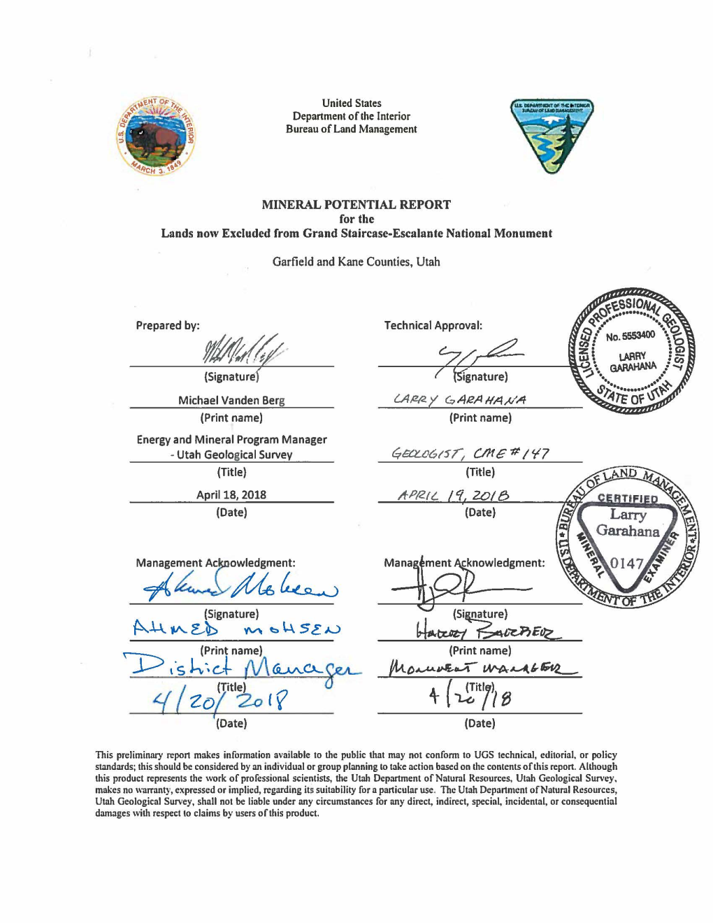 MINERAL POTENTIAL REPORT for the Lands Now Excluded from Grand Staircase-Escalante National Monument