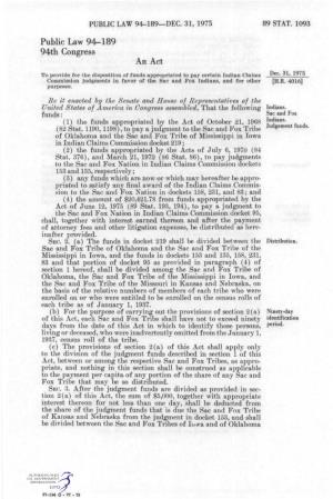 Public Law 94-189 94Th Congress an Act to Provide for the Disposition of Funds Appropriated to Pay Certain Indian Claims Dec