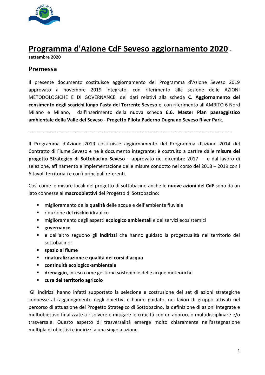 Programma D'azione Cdf Seveso Aggiornamento 2020 - Settembre 2020 Premessa