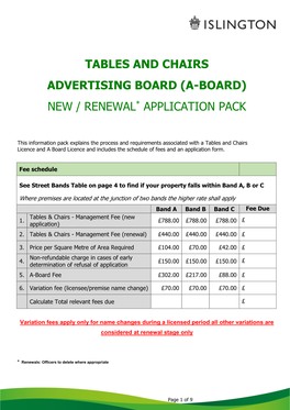Tables and Chairs Advertising Board (A-Board) New / Renewal* Application Pack
