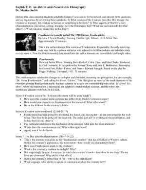 English 2333: an Abbreviated Frankenstein Filmography Dr