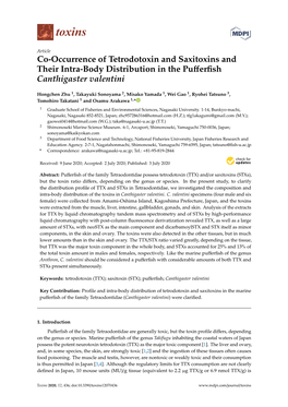 Co-Occurrence of Tetrodotoxin and Saxitoxins and Their Intra-Body Distribution in the Puﬀerﬁsh Canthigaster Valentini