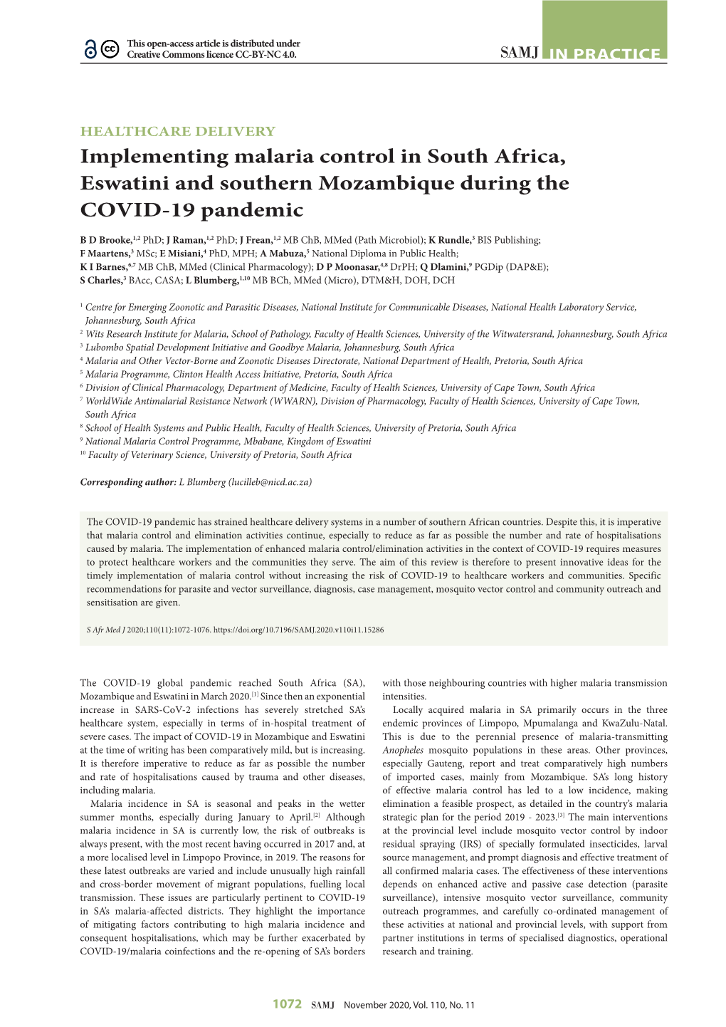 Implementing Malaria Control in South Africa, Eswatini and Southern Mozambique During the COVID-19 Pandemic