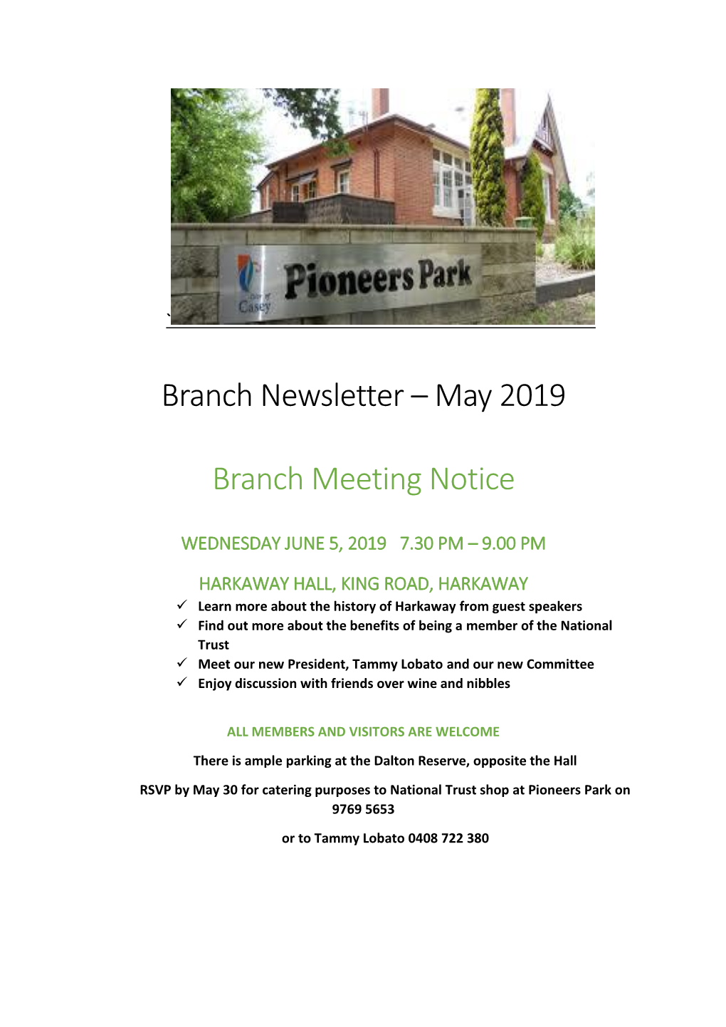 Branch Newsletter – May 2019 Branch Meeting Notice