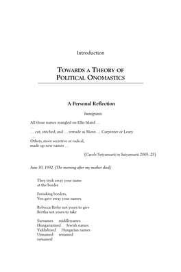 Introduction TOWARDS a THEORY of POLITICAL ONOMASTICS A