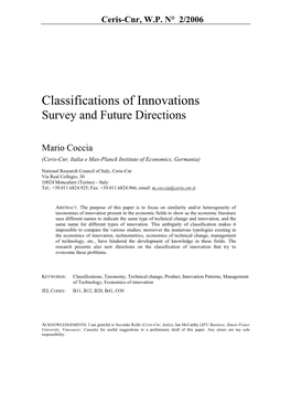 Classifications of Innovations Survey and Future Directions